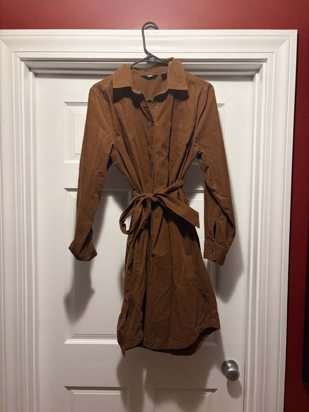 Lands' End Rust Brown Long-Sleeve Shirt Dress with Tie Waist
